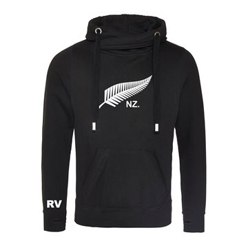 Toon details van Rugby Vintage - Nieuw Zeeland Cross Neck Hoodie - Zwart Afbeeldingen van Rugby Vintage - Nieuw Zeeland Cross Neck Hoodie - Zwart