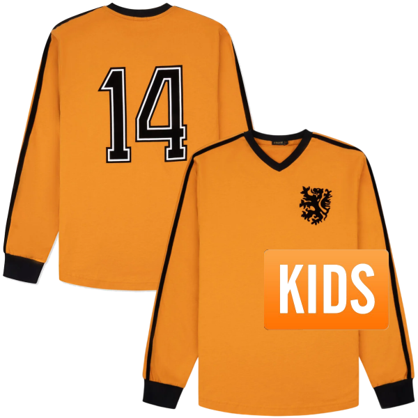 Cruyff - Holland Retro Voetbalshirt WK 1974 + Nummer 14 - Kinderen (Lange Mouwen)
